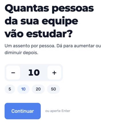 Primeiro passo do checkout: Quantas pessoas da sua equipe vão estudar?, com o contador em 10